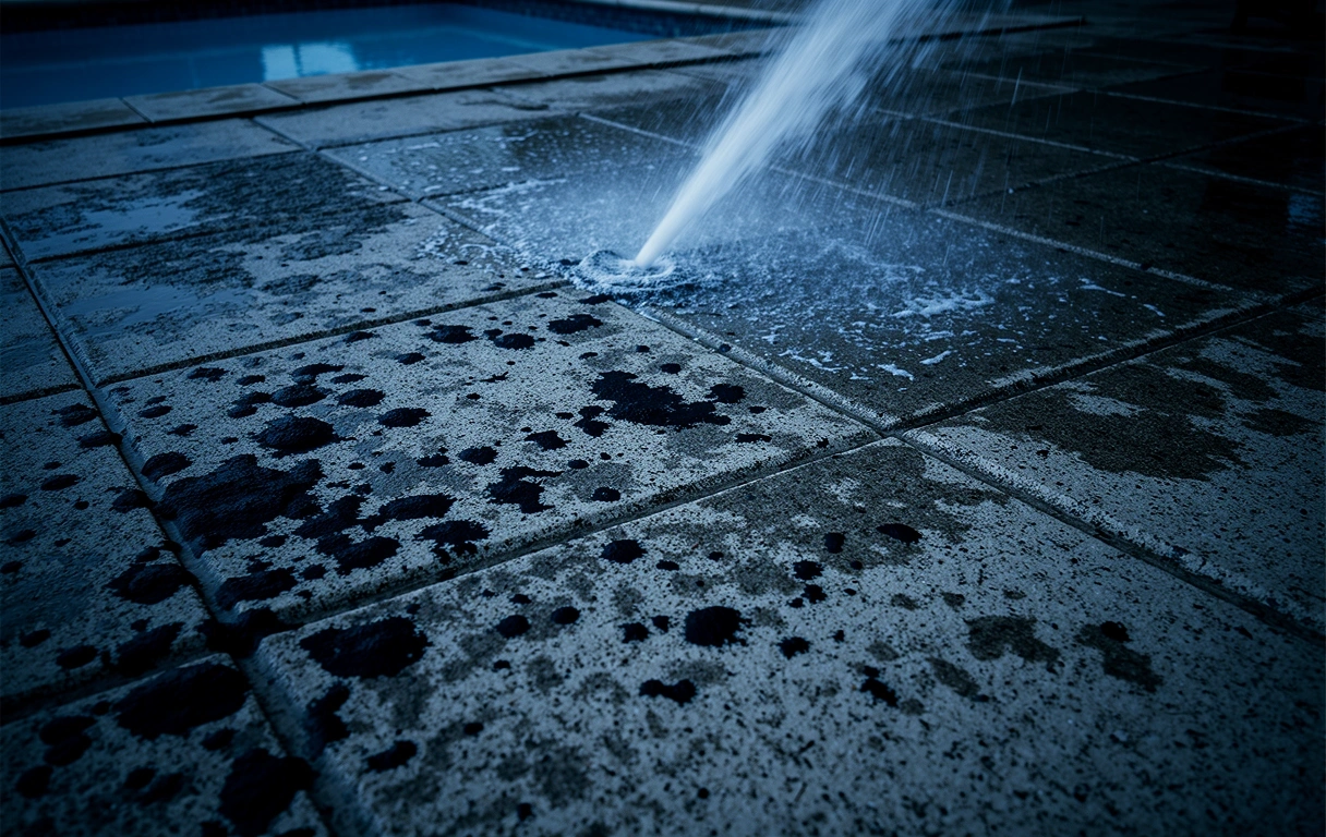 Dirty pool deck before treatment
